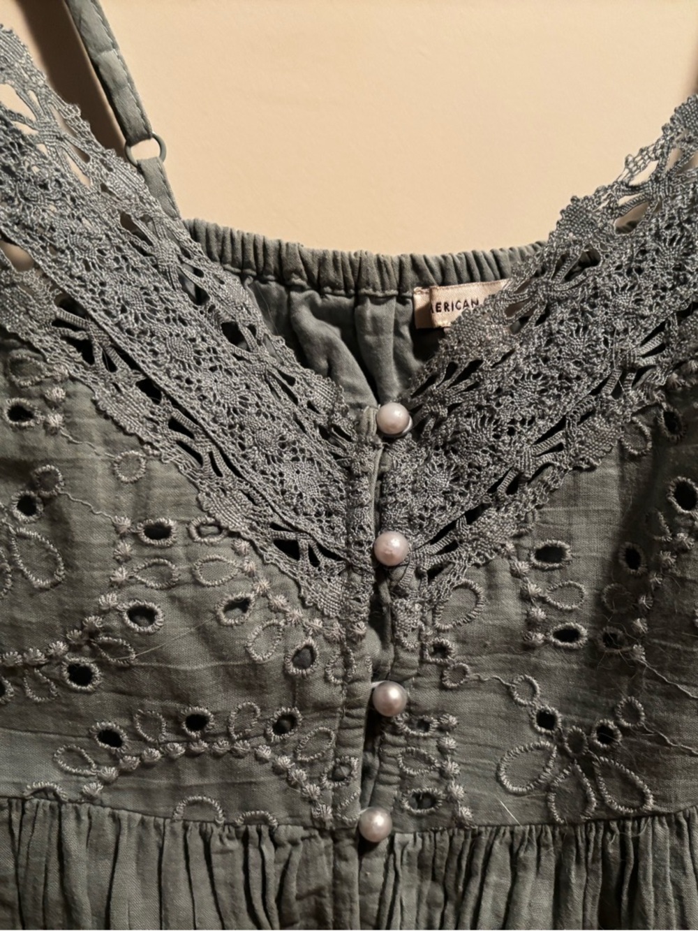 American Eagle Outfitters Lace-Trim Eyelet Button Camisole - Dusty Green - Picture 2 of 3